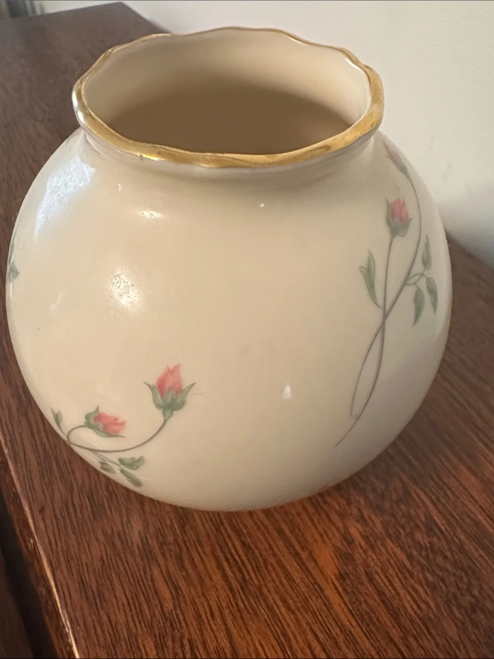 Lenox Cream Bud Vase with Pink Rose Sprigs and Gold Rim